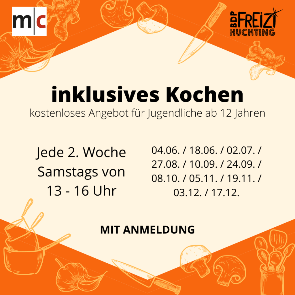 Das inklusive Kochen ist ein Angebot für Jugendliche ab 12 Jahren. Es findet jede 2. Woche am Samstag von 13 - 16 Uhr statt. Mit Anmeldung!